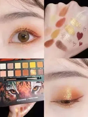 Explorer twelve-color animal eye shadow palette showing Golden Tiger Ink Cat, Red Fox, and Koi themed shades