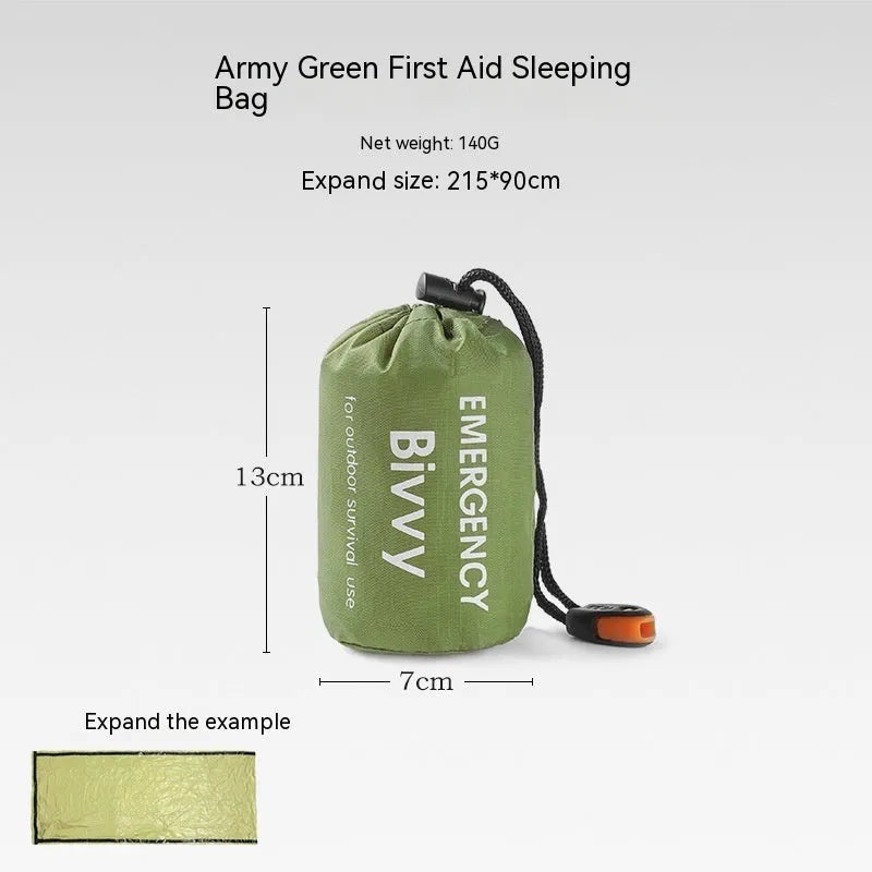 Orange portable disaster relief tent with emergency blanket showing 240cm × 150cm dimensions