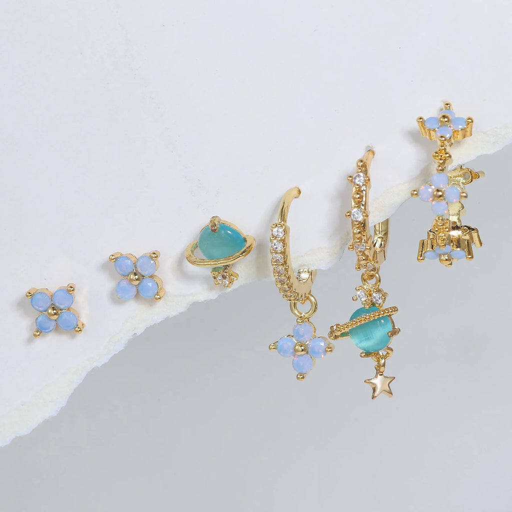 Gold or silver flower ear studs with zircon mosaic centre detail geometric design