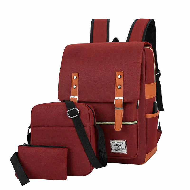 Three-piece business backpack in Oxford cloth with multiple compartments, curved shoulder straps, shown in four colour options