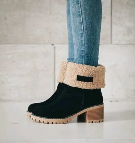 Women's suede mid-calf snow boots with a thick low heel and round toe in various colours.