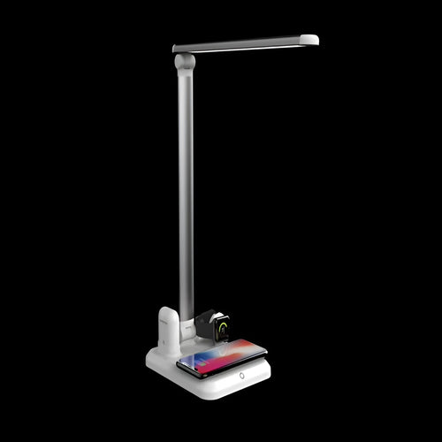 Black and white 4-in-1 LED desk lamp with wireless charging pad and USB Type-C port