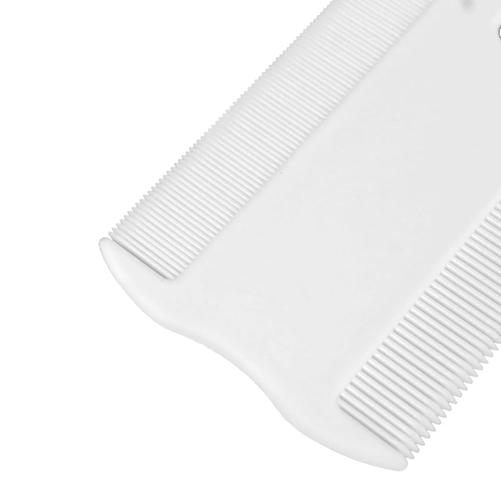 Small white plastic dual-sided pet flea comb for cats and dogs on a plain background.