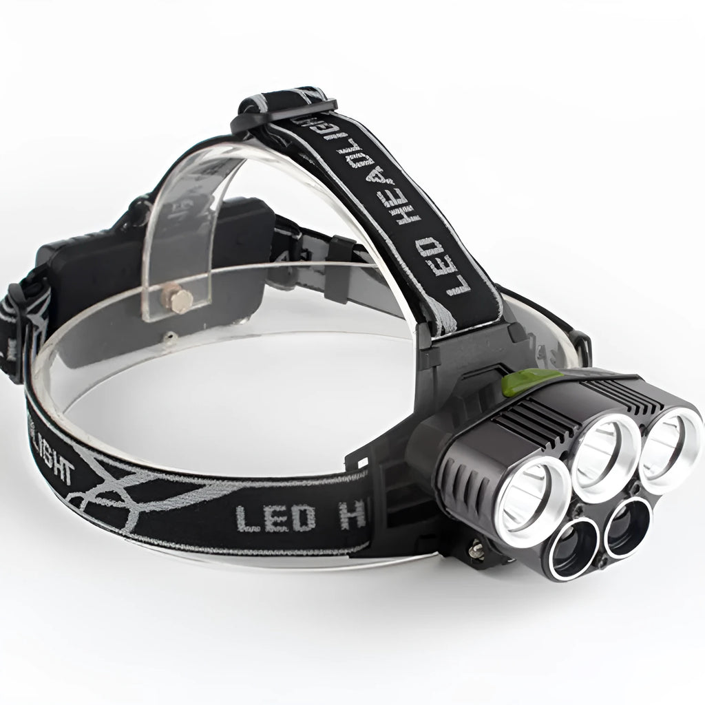 Head-mounted camping light with LED beam showing waterproof construction and rechargeable battery