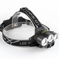 Head-mounted camping light with LED beam showing waterproof construction and rechargeable battery