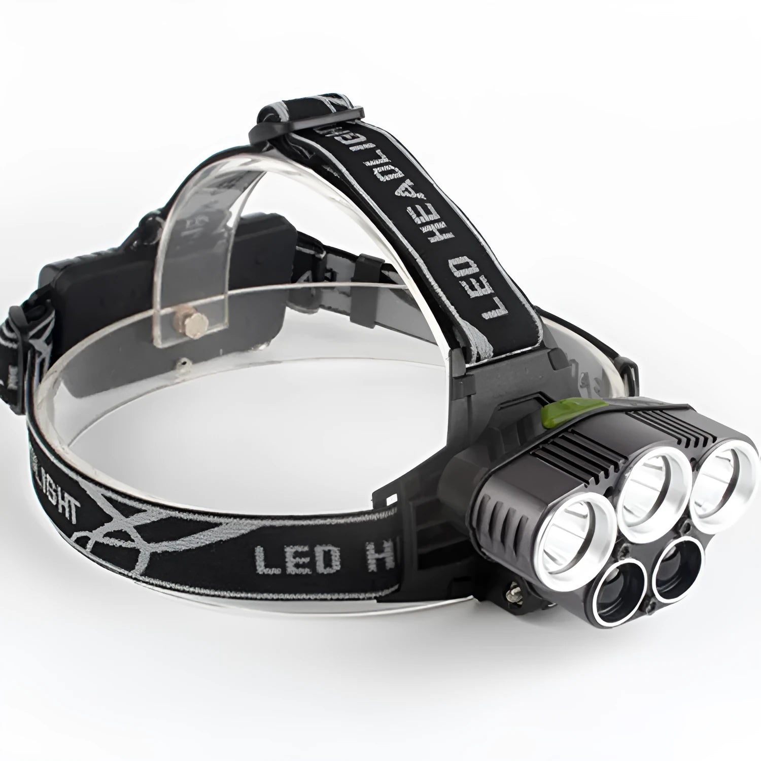 Head-mounted camping light with LED beam showing waterproof construction and rechargeable battery