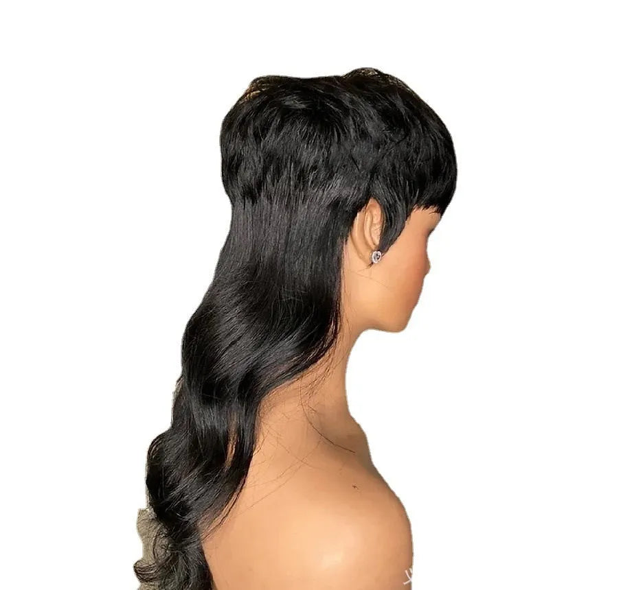 Black Brazilian wig with short front and long back hair, made from synthetic high-temperature fibre.