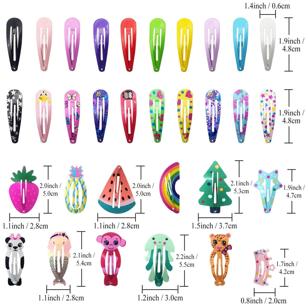 Assortment of 100 metal snap hair clips in candy colours with cartoon designs of animals, fruits, crowns, and stars