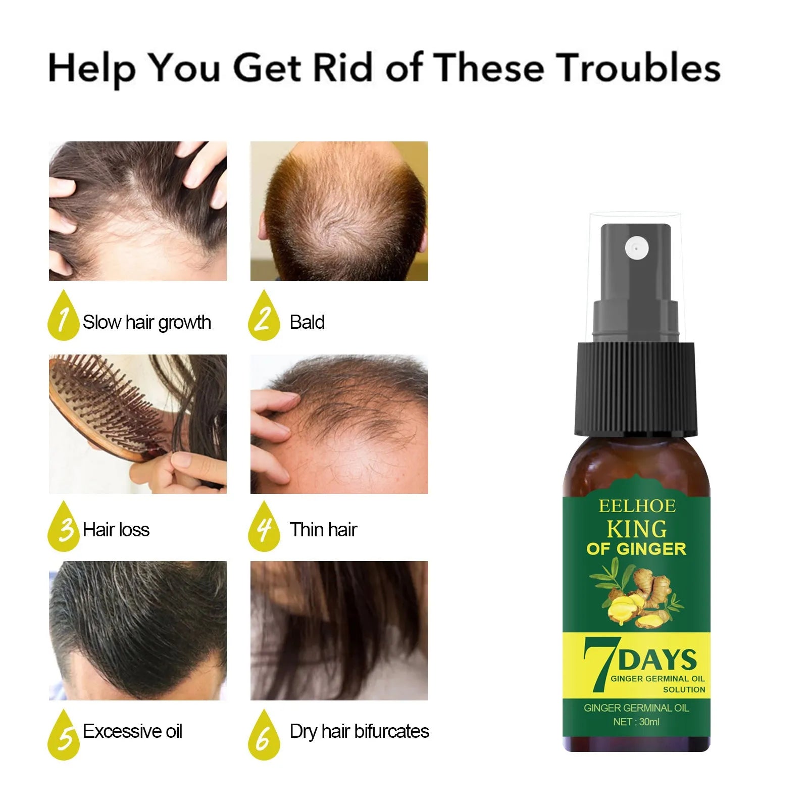 EELHOE ginger nutrition spray in 30ml and 50ml bottles for hair root moisture and damage care.