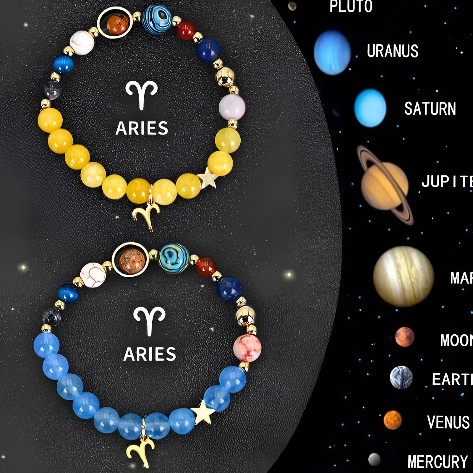 Set of two natural stone beaded bracelets representing zodiac signs from a twelve-style collection.