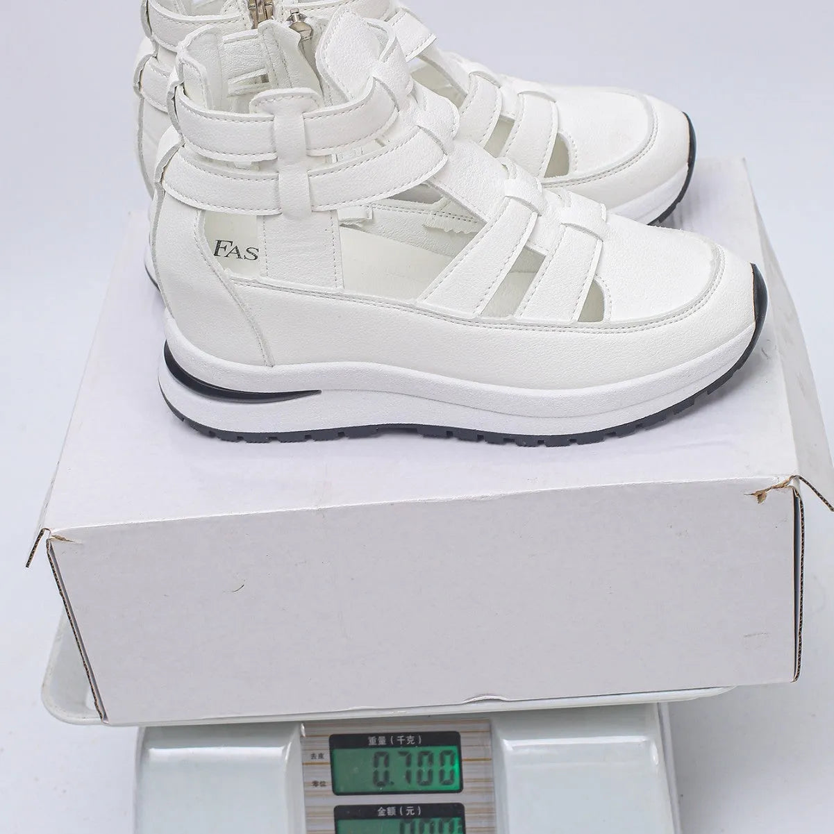Women's black platform sandals with hollow-out design and Velcro fastening