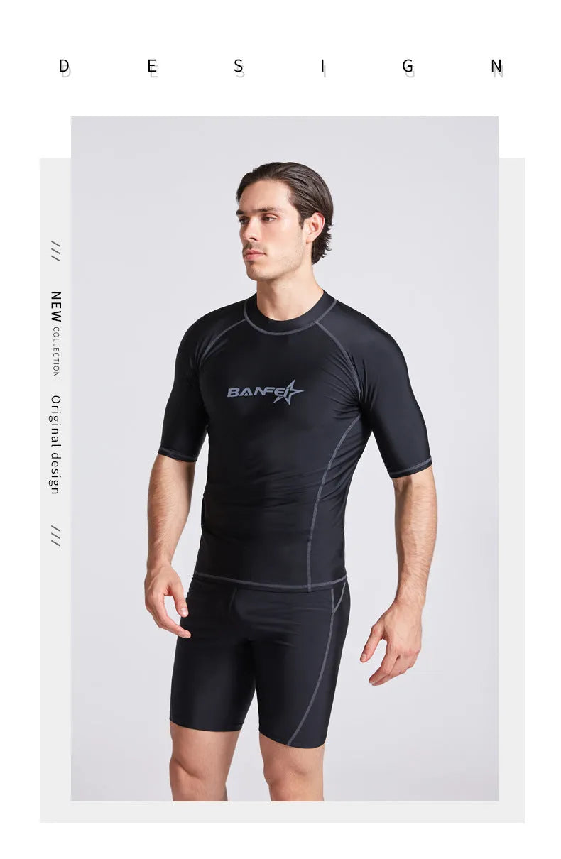 Men's navy blue quick-drying nylon swimsuit set with half-sleeve top and pants for swimming and surfing.