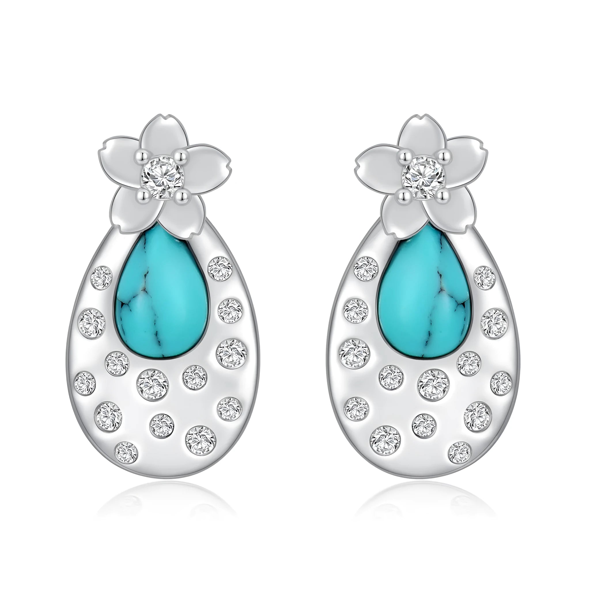 Pair of turquoise cherry blossom 925 sterling silver stud earrings with cubic zirconia, 15.8x8.5mm, white gold plated