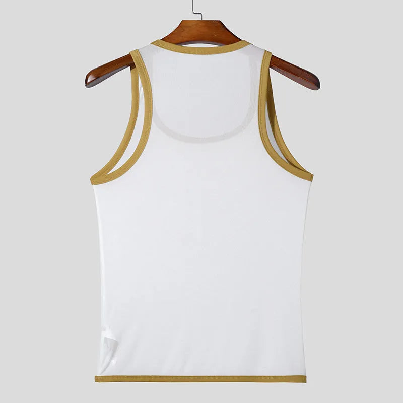 Men's tight mesh fitness vest in solid white or black colour with straight hem design