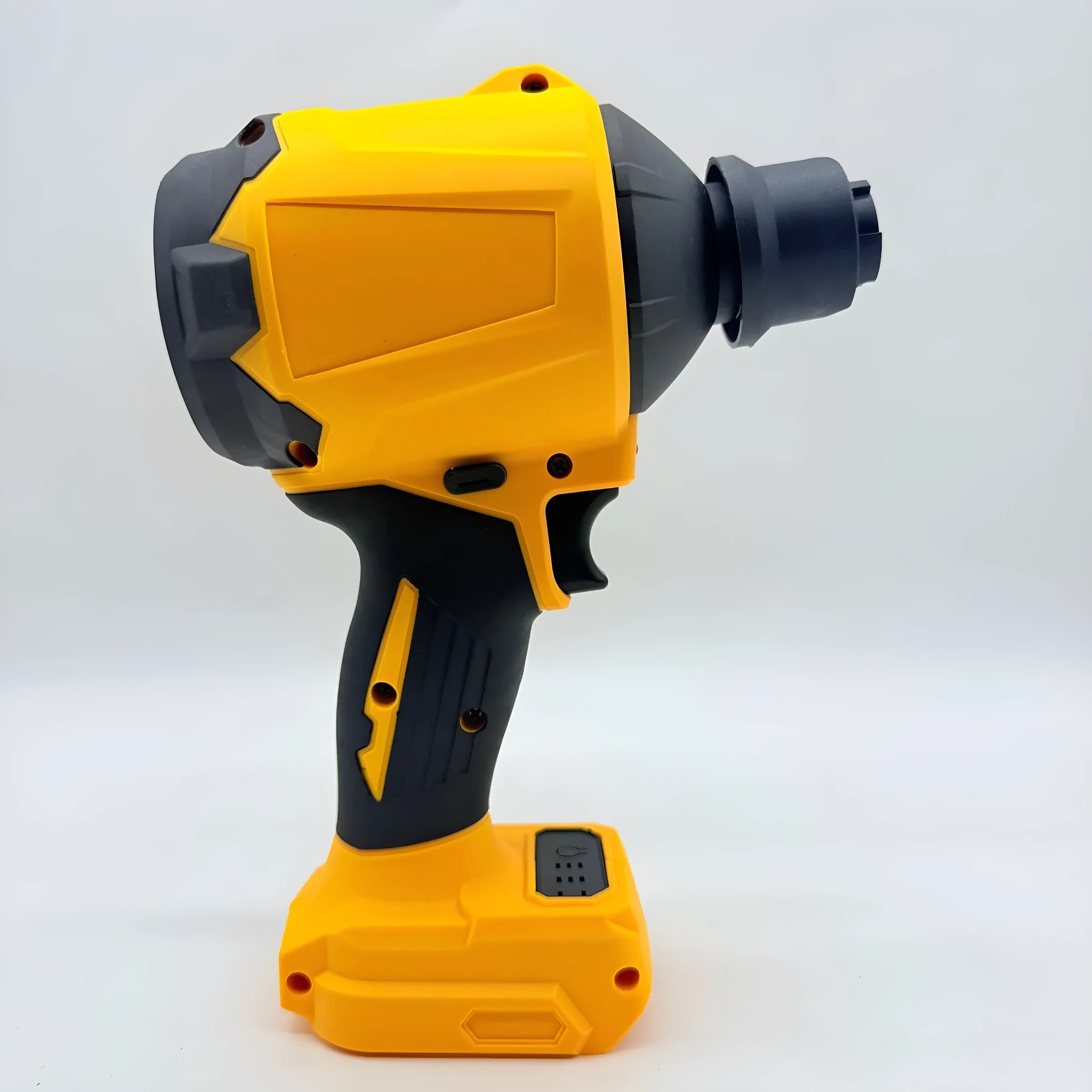 Handheld cordless lithium battery air exhauster with bare metal head for dust blowing and snow removal.