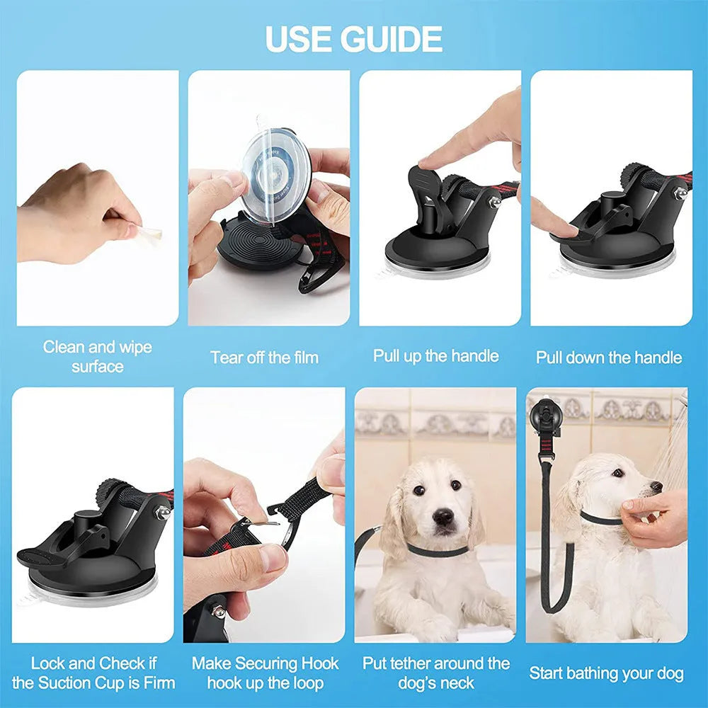 Pet bathing restraint with suction cup handcuffs and traction rope for dog washing in black or blue colour options
