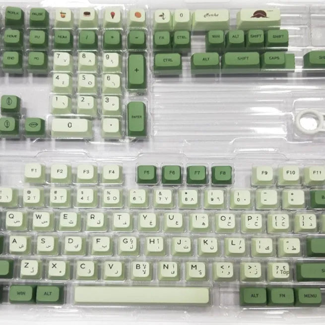124 Key Matcha green PBT sublimation keycap set for mechanical keyboards laid out flat.
