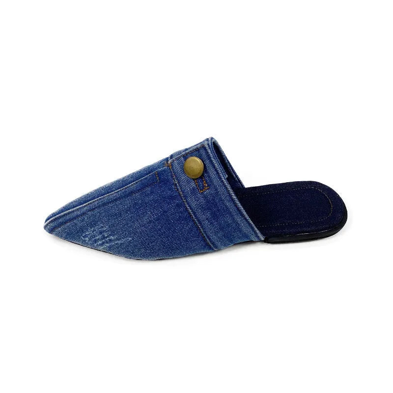Women's washed denim flat closed toe slippers in light blue with canvas upper and rubber sole