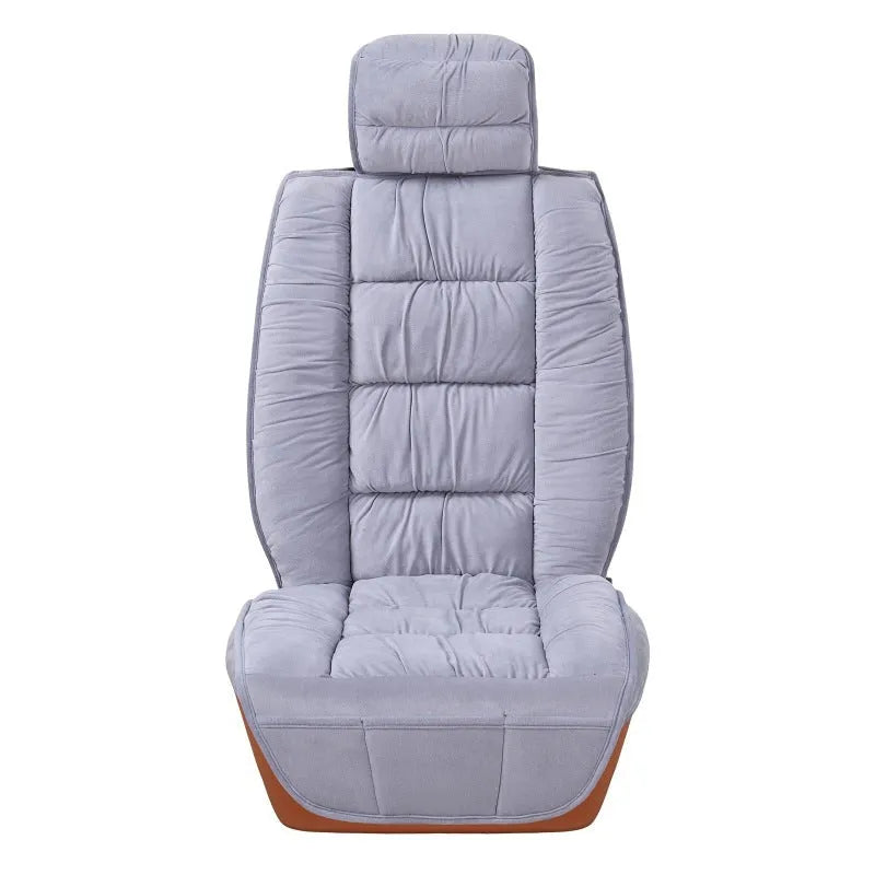 Short plush winter car seat cushion available in multiple colours including black, beige, grey, brown, and purple.