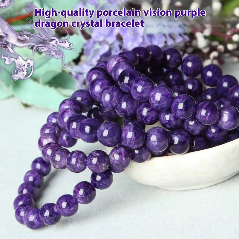 Natural purple charoite crystal bracelet with platinum details, showing different bead size options.
