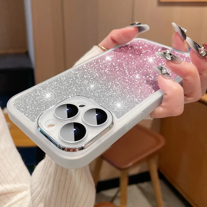 Ultra-thin transparent glitter gradient iPhone case with magnetic suction on a table