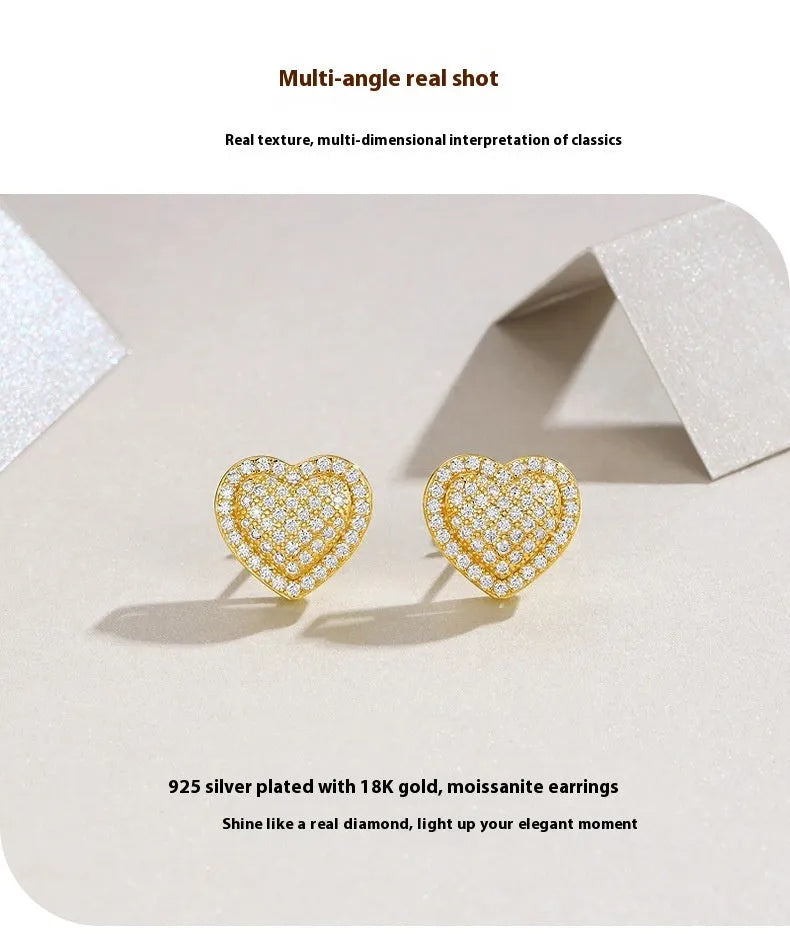 Gold colour S925 silver heart-shaped stud earrings with moissanite stones.