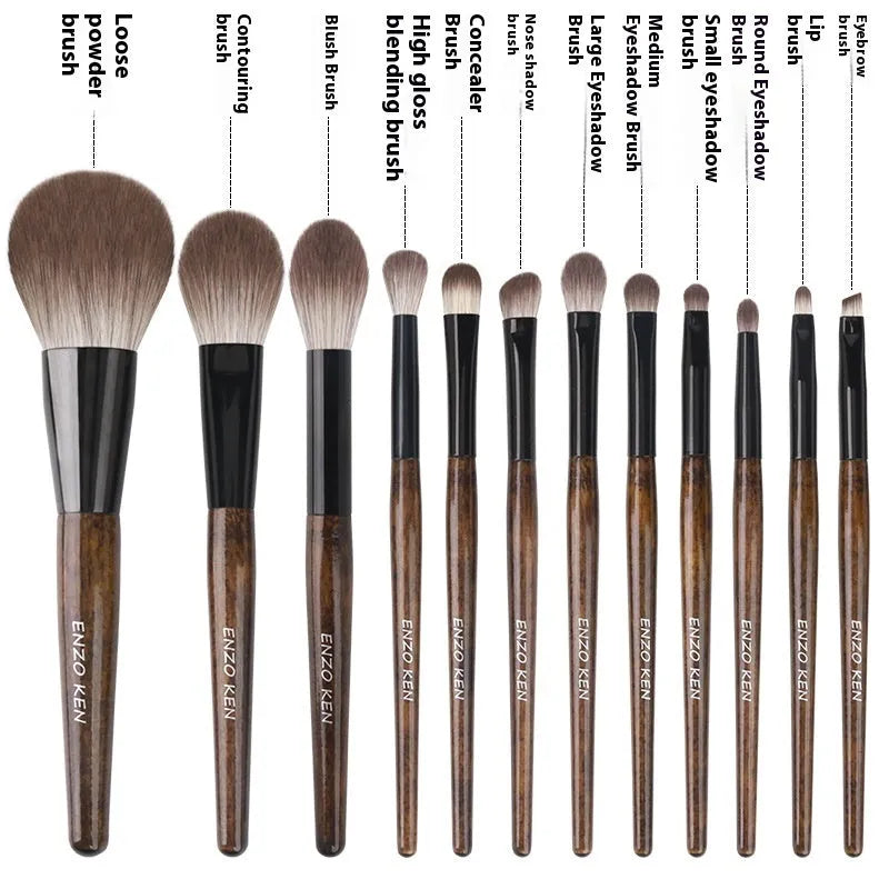 12-piece makeup brush set with wooden handles in PU travel case