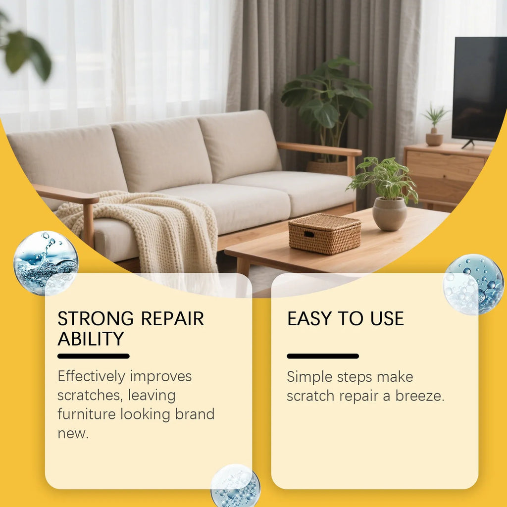 Wood furniture scratch care solution showing 100ml bottle and 20x20cm applicator towel