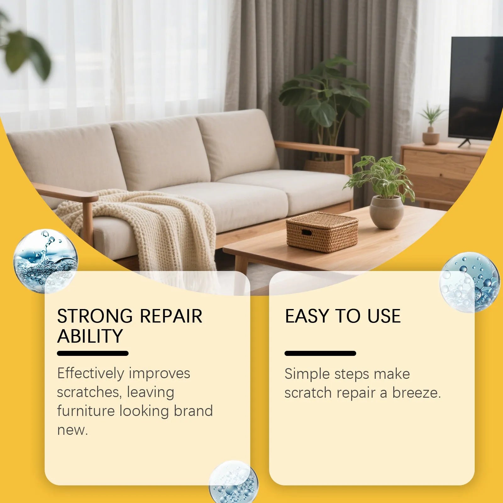 Wood furniture scratch care solution showing 100ml bottle and 20x20cm applicator towel
