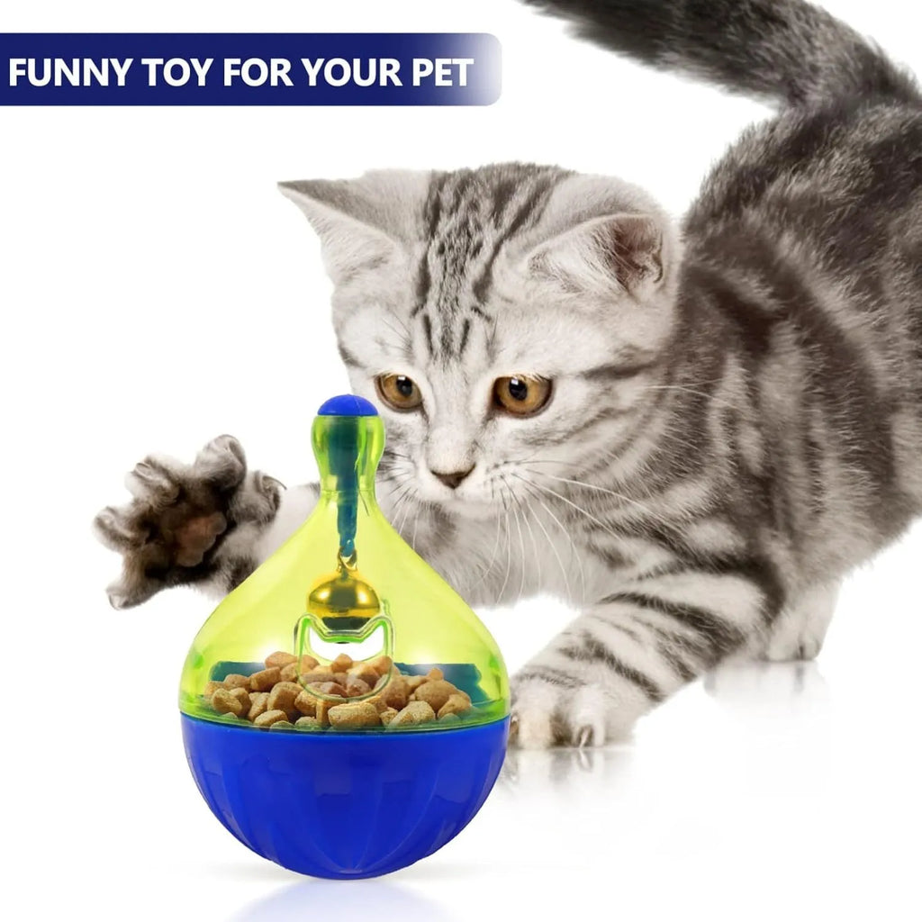Tumbler-shaped interactive pet treat dispenser ball for dogs and cats