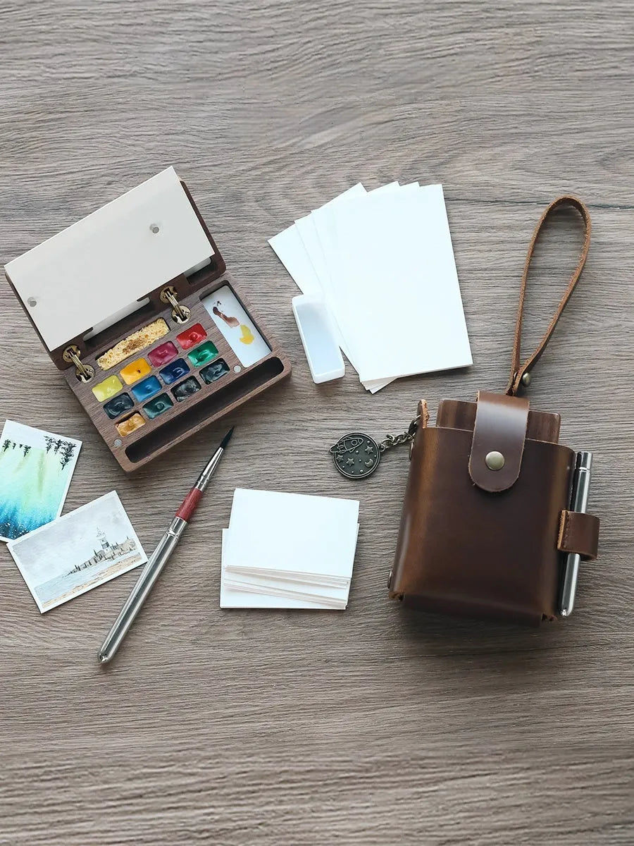 Mini walnut watercolour paint box with pigment sets and leather carrying bag