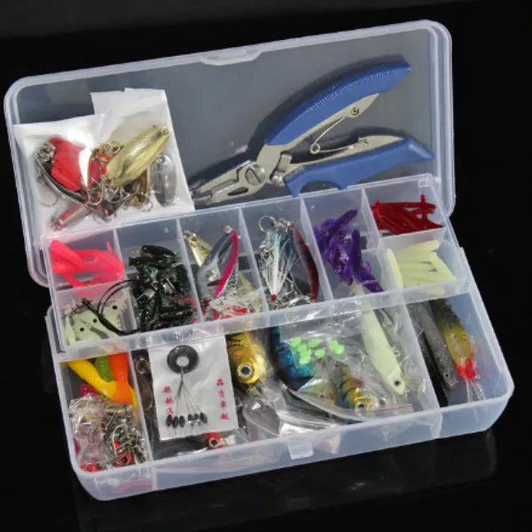 132-piece fishing lure set with soft baits and fishhooks in rose red colour