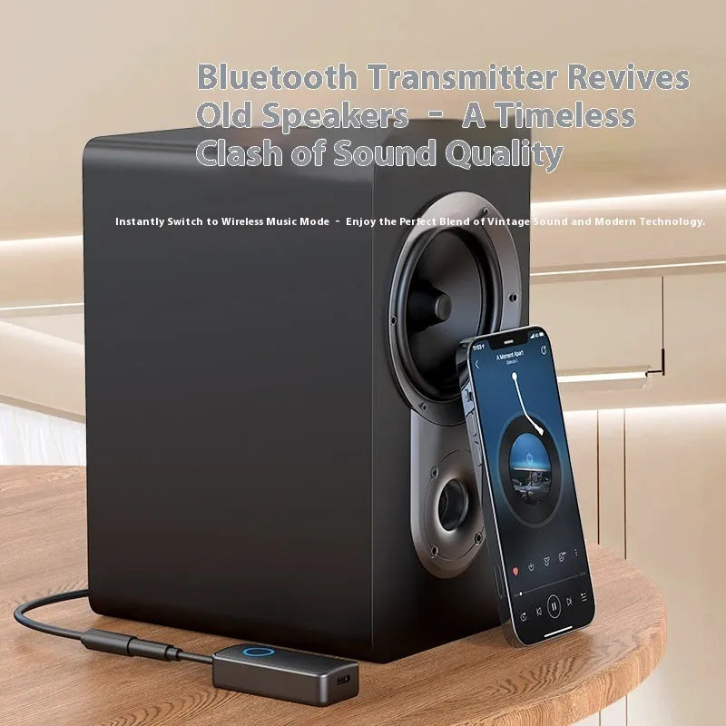 Black Bluetooth 5.4 audio adapter with flexible 3.5mm plug for wireless streaming to wired sound systems
