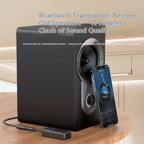 Black Bluetooth 5.4 audio adapter with flexible 3.5mm plug for wireless streaming to wired sound systems