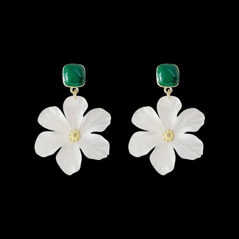 Dark green alloy floral earrings with sterling silver needle flower details for women