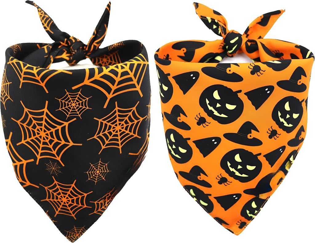 Black and orange reversible Halloween dog bandana with pumpkin and spider web patterns laid flat.