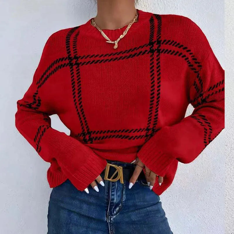 Women's loose fit plaid colour-block acrylic pullover sweater with striped pattern.