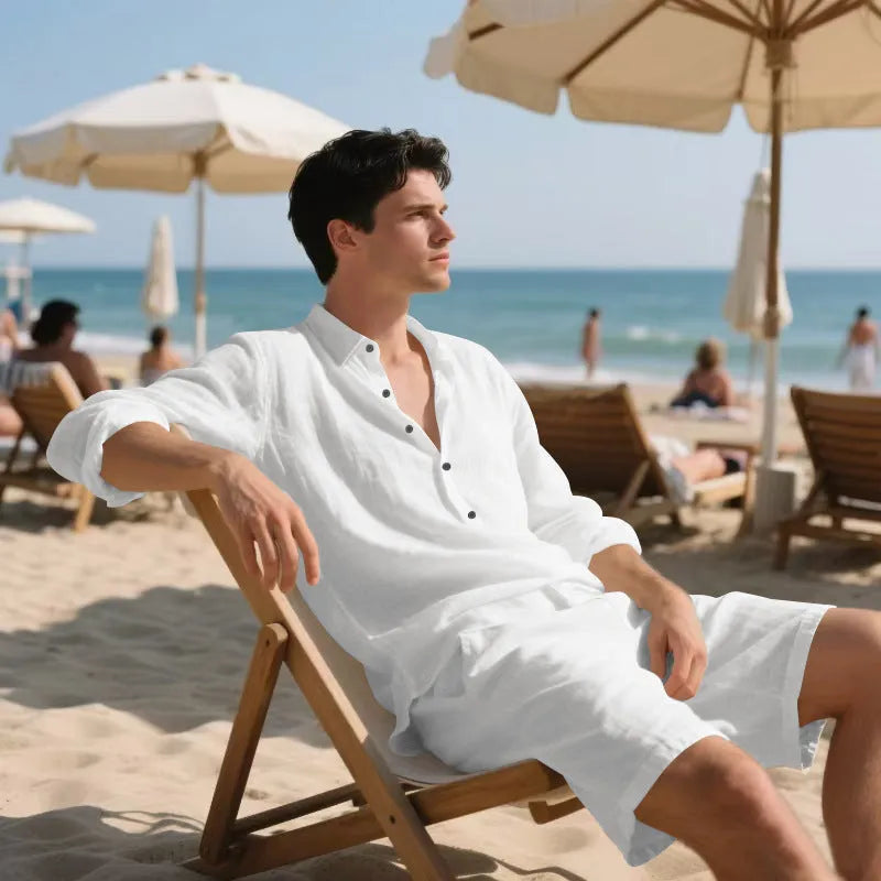 Men's linen shorts suit set showing long sleeve shirt and casual shorts in a light colour