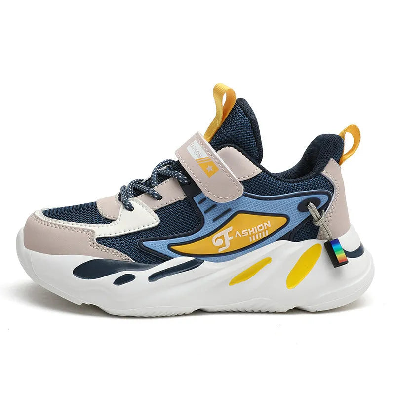 Boys' dark blue and black platform sports running shoes with Velcro strap and mesh upper.