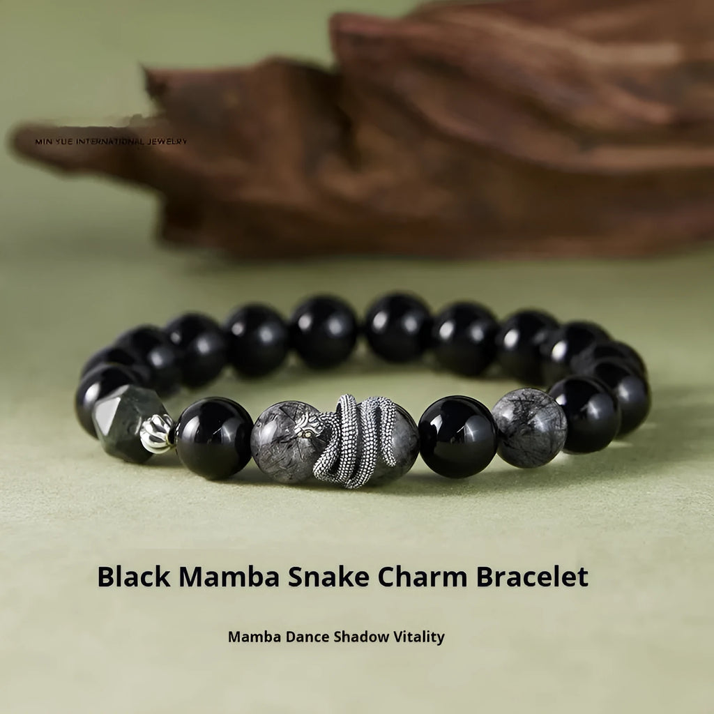 Men's retro 925 sterling silver bracelet with 10mm black obsidian snake crystal.