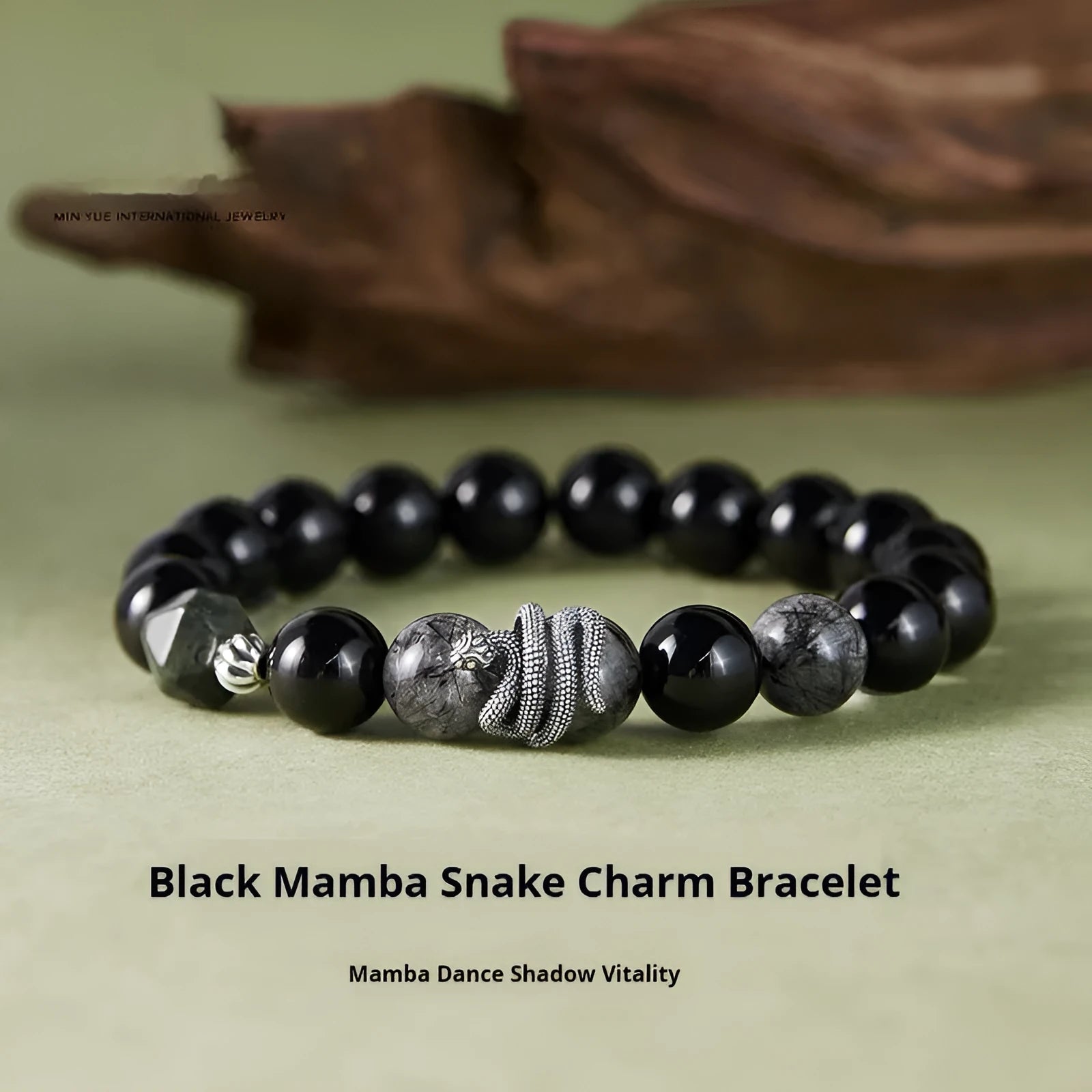Men's retro 925 sterling silver bracelet with 10mm black obsidian snake crystal.
