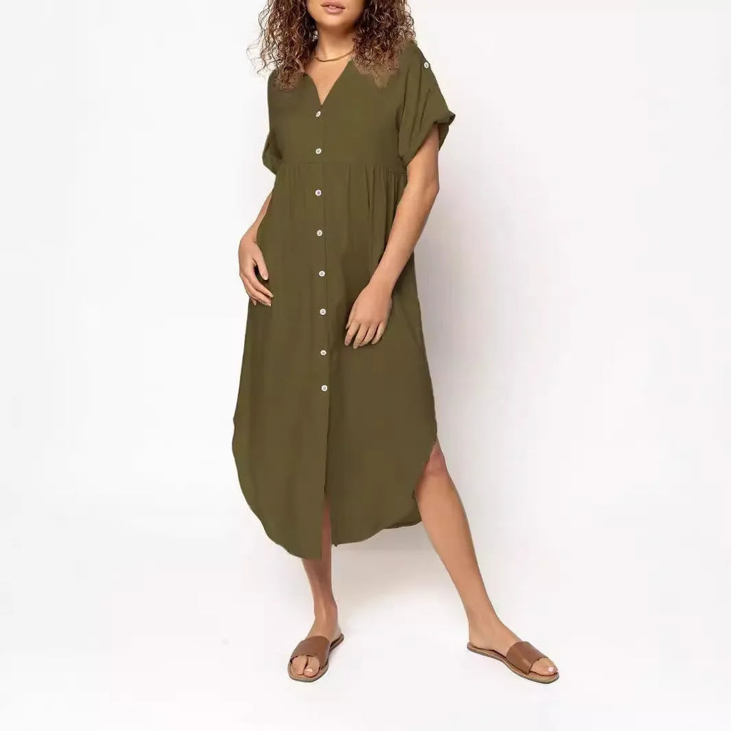 Loose mid-length casual dress with button front in solid colour, shown in apricot