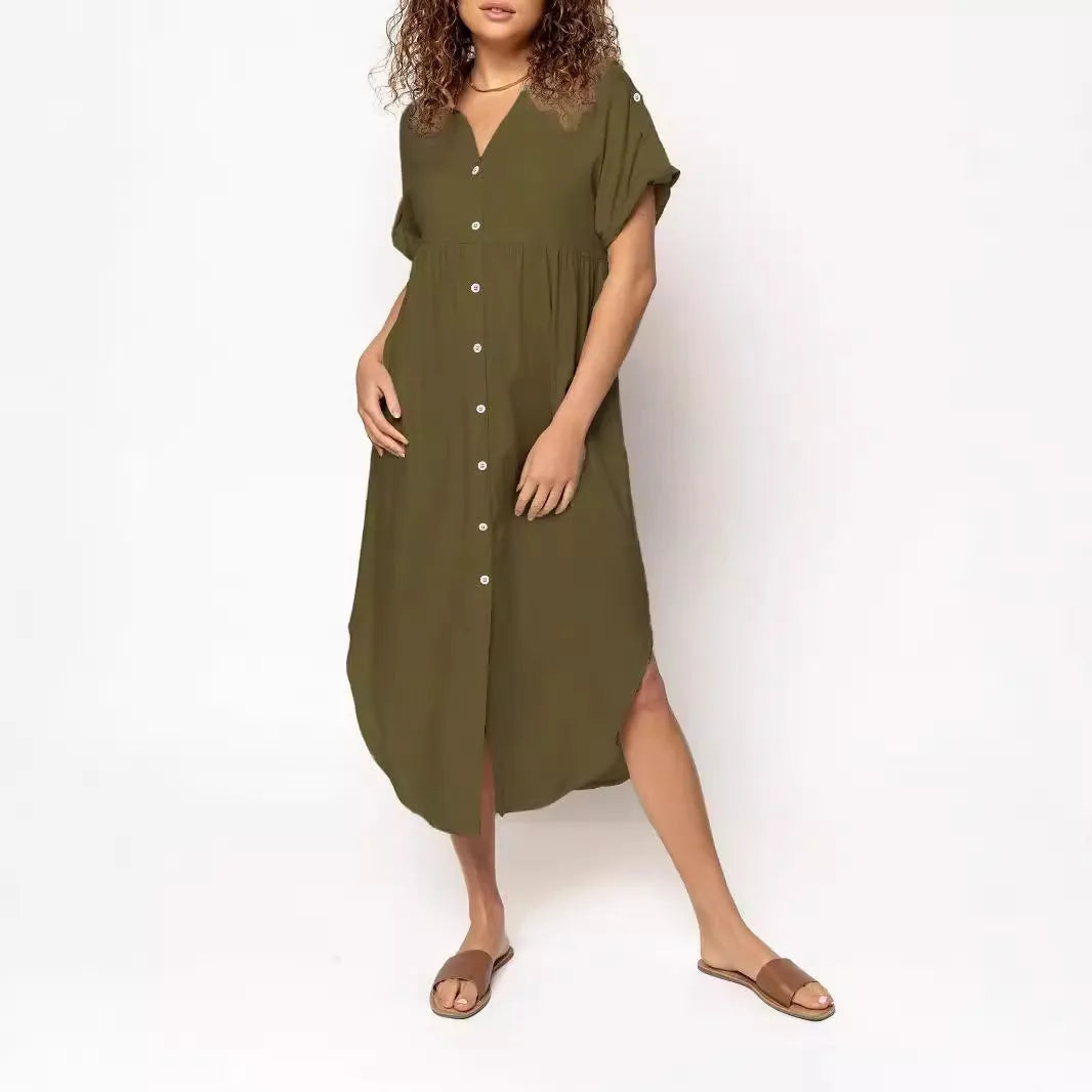 Loose mid-length casual dress with button front in solid colour, shown in apricot