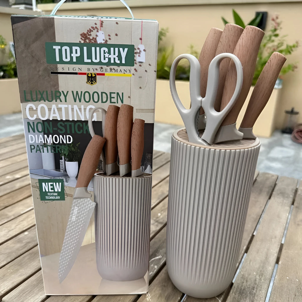 Five-piece kitchen knife set with khaki style wood grain handles and stainless steel non-stick blades
