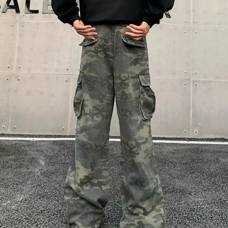 Korean style washed camouflage cargo pants with multiple pockets in cotton blend fabric