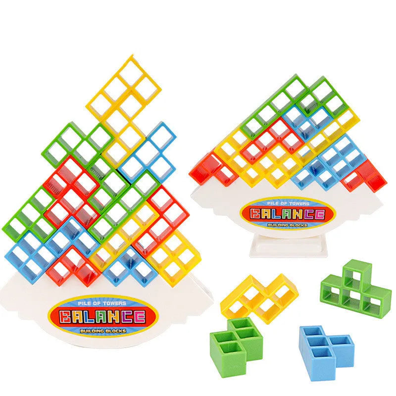 Colourful plastic balance stacking game with 16 blocks, chassis and base for family play