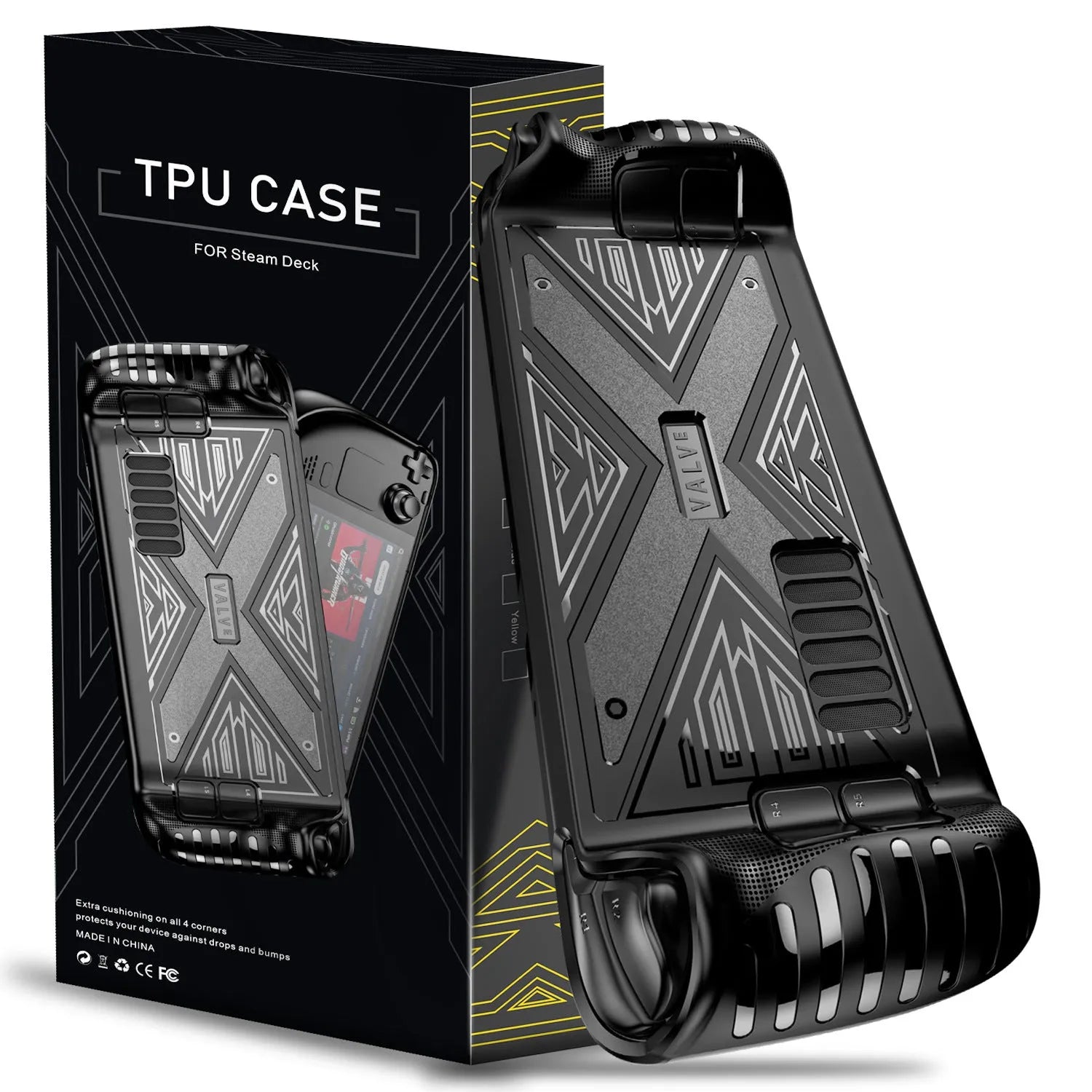 Steam Deck protective silicone case in red, blue, and black colours showing flexible TPU material