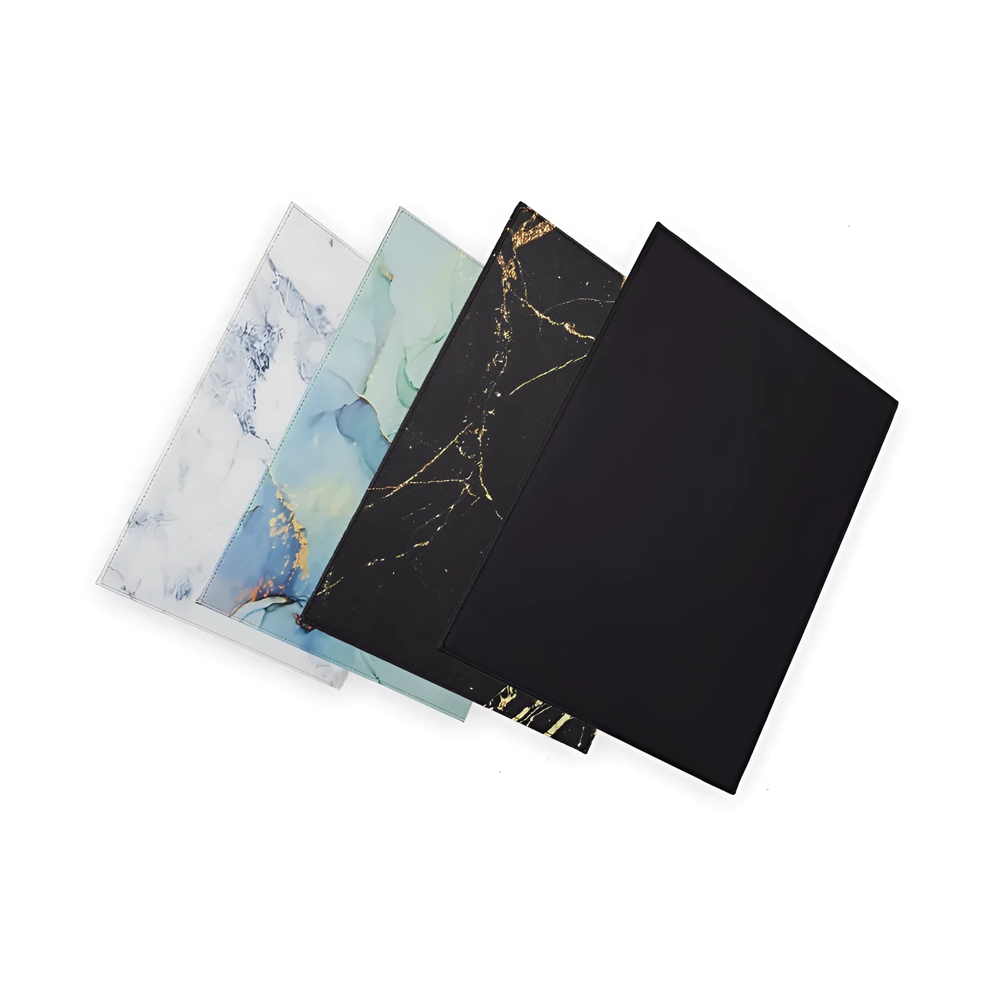 Heat-insulating laptop pad in black, gold, blue, and green colours on a desk