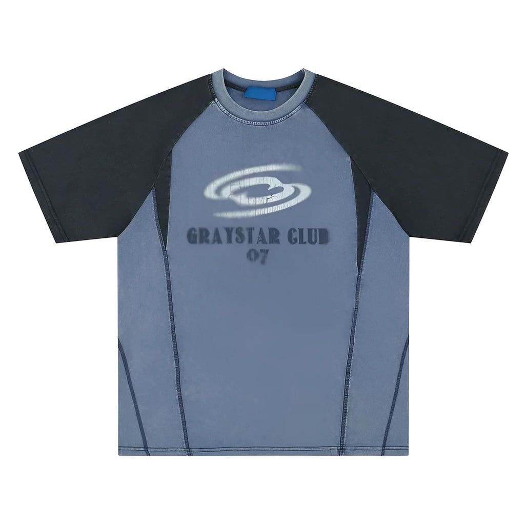 Blue men's t-shirt with white hip hop letter print and raglan sleeves