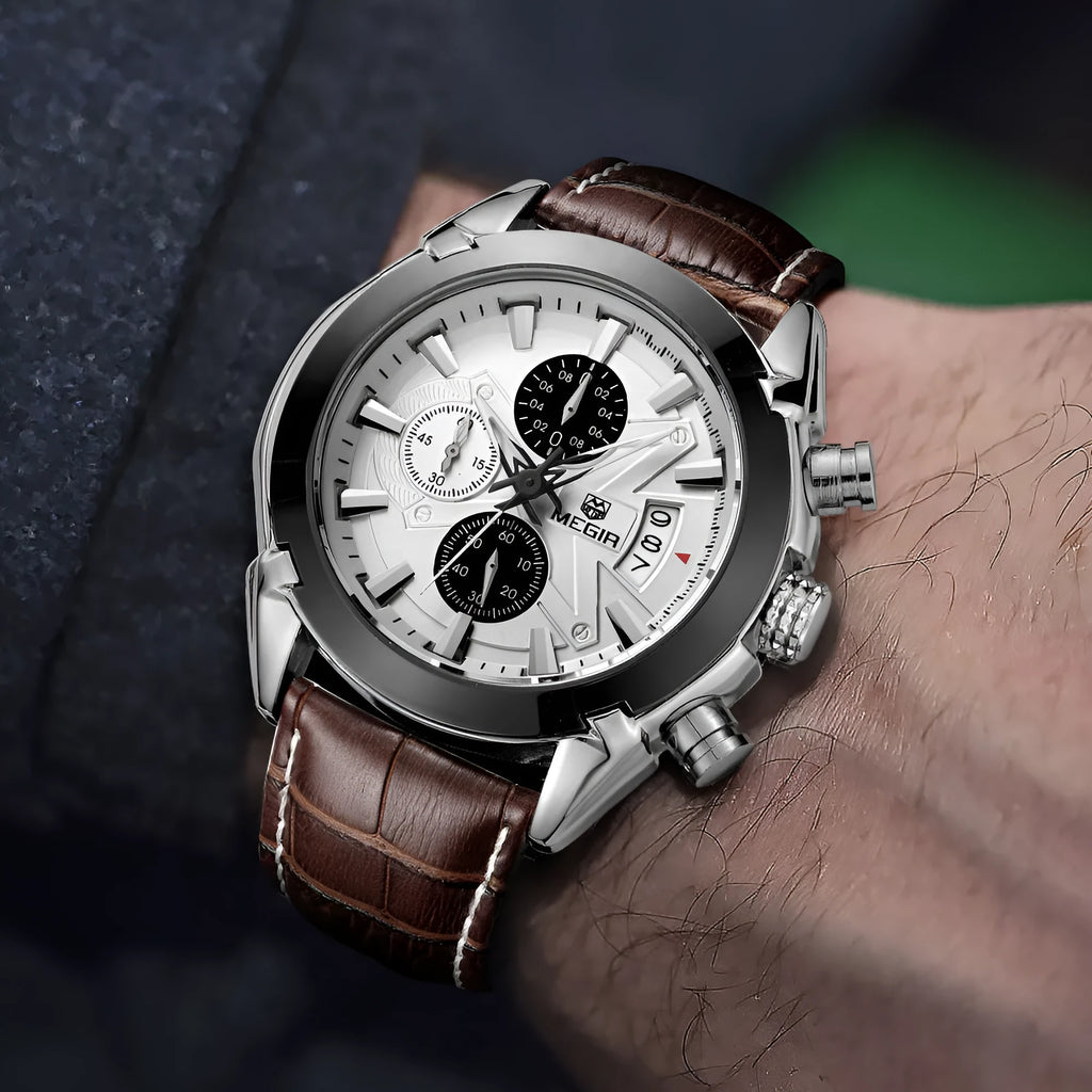 Men's quartz wristwatch with three subdials, six hands, waterproof casing and luminous markers